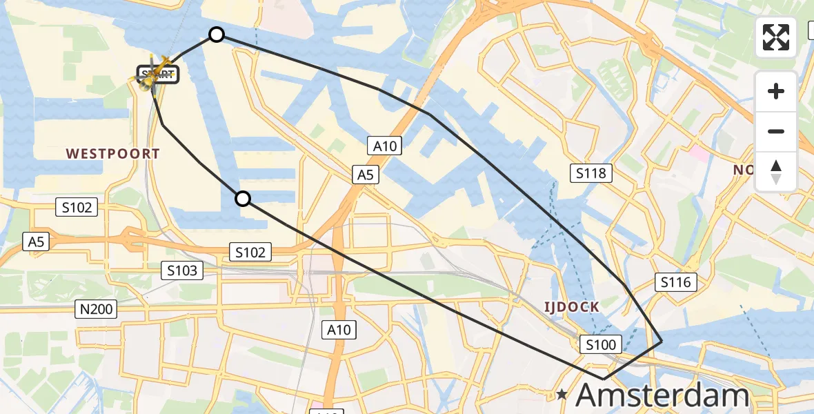 Vluchtroute Traumahelikopter van Amsterdam Heliport naar Amsterdam Heliport