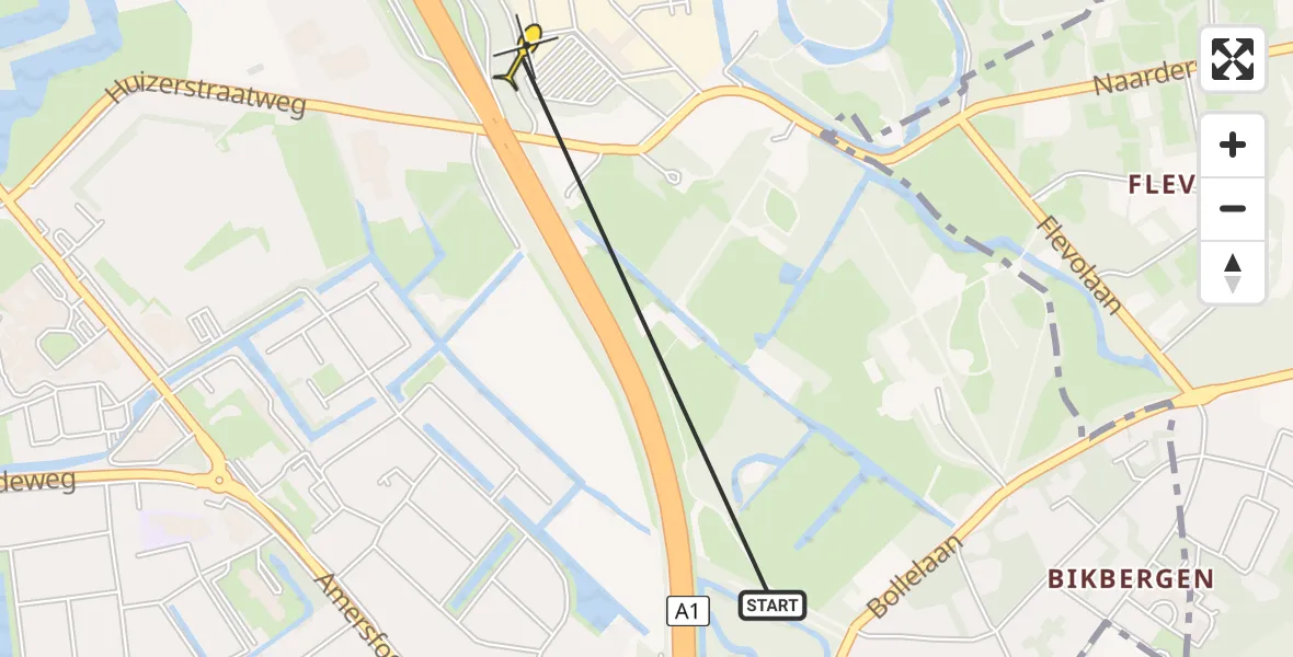 Routekaart van de vlucht: Politiehelikopter naar Naarden, Huizerstraatweg