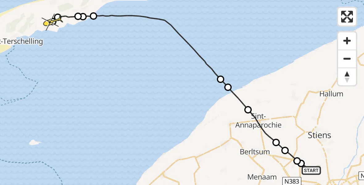 Routekaart van de vlucht: Ambulancehelikopter naar Midsland, Nijlânsdyk