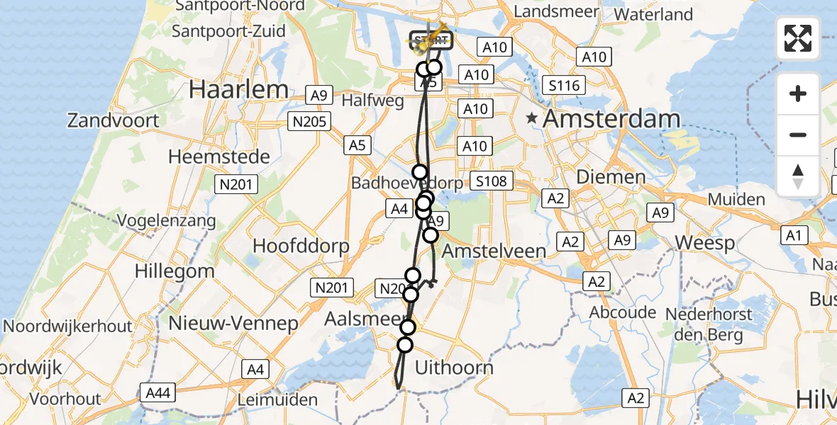 Vluchtroute Traumahelikopter van Amsterdam Heliport naar Amsterdam Heliport