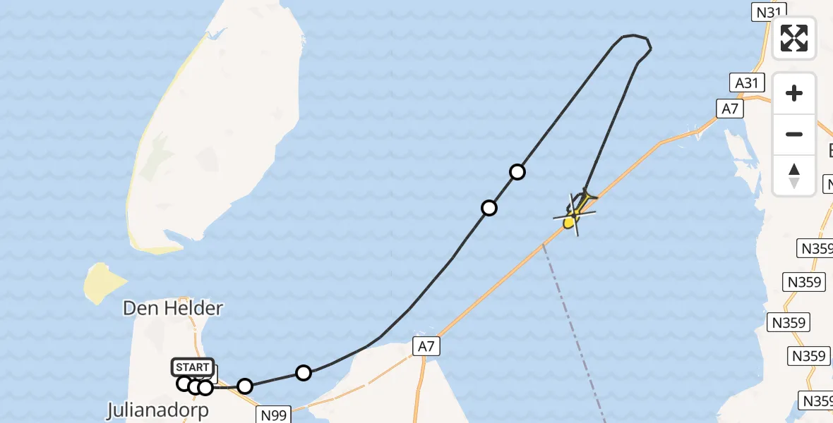 Routekaart van de vlucht: Kustwachthelikopter naar Harlingen, Middenvliet