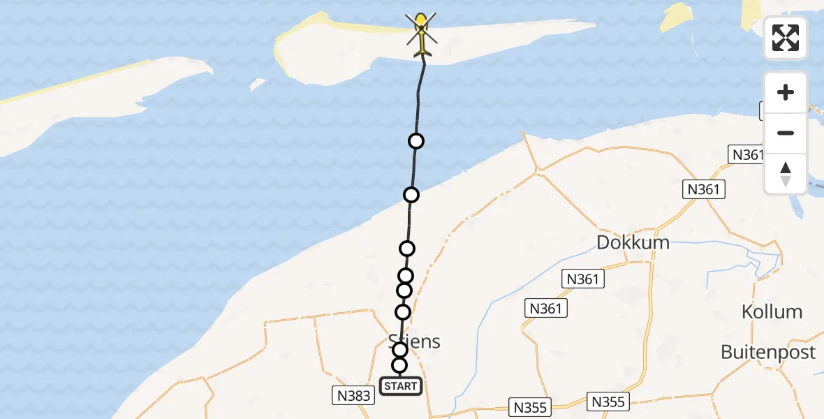 Routekaart van de vlucht: Ambulancehelikopter naar Nes, Skrédyk
