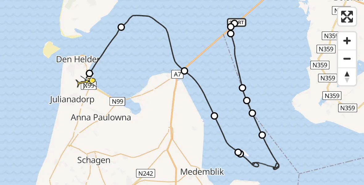 Routekaart van de vlucht: Kustwachthelikopter naar Vliegveld De Kooy, Afsluitdijk