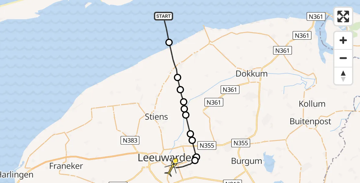 Routekaart van de vlucht: Ambulancehelikopter naar Leeuwarden, Piet Scheve plaat