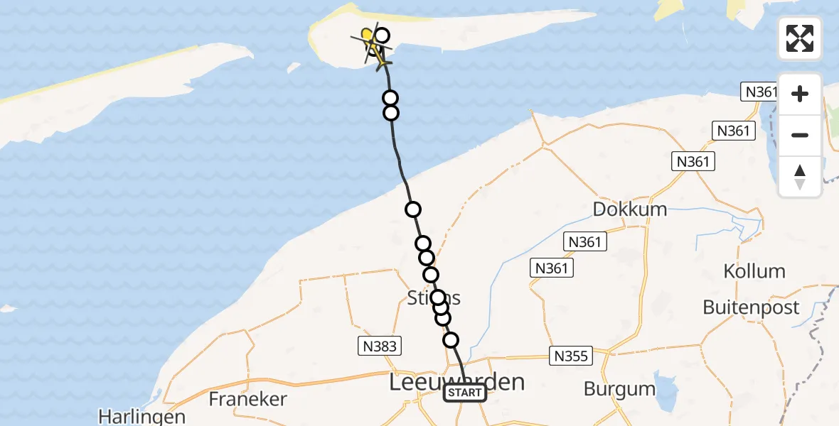 Routekaart van de vlucht: Ambulancehelikopter naar Ballum, Eebuurt