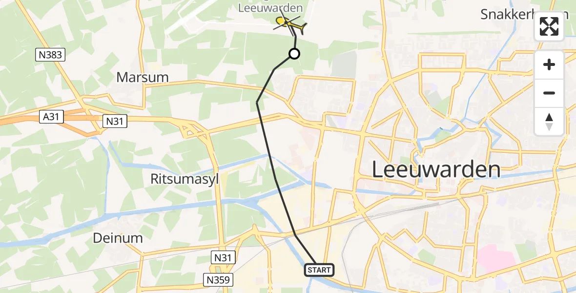 Vluchtroute Ambulancehelikopter van Leeuwarden naar Vliegbasis Leeuwarden