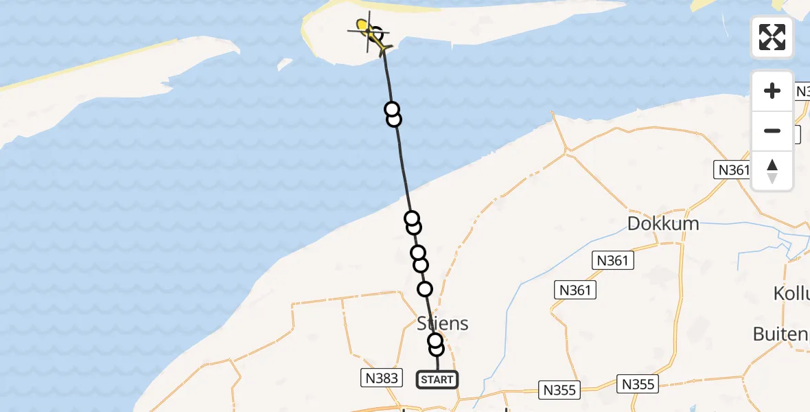 Routekaart van de vlucht: Ambulancehelikopter naar Ameland Airport Ballum, Koarnjumer Feart