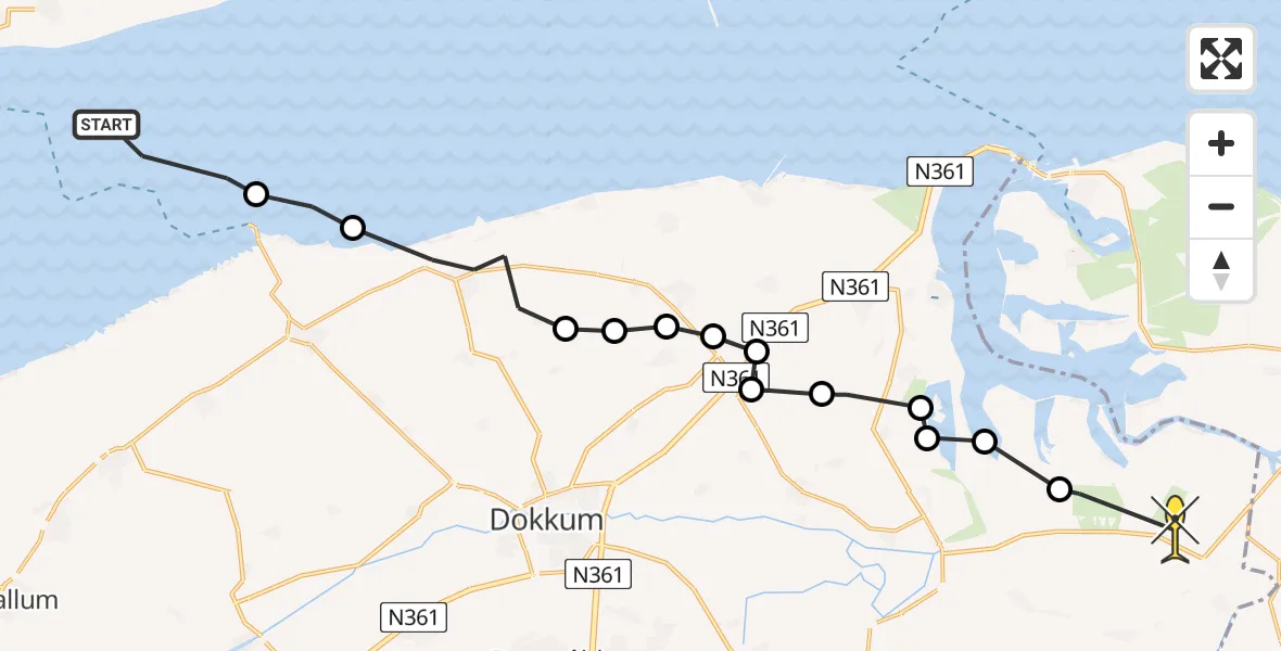 Routekaart van de vlucht: Ambulanceheli naar Munnekezijl, Veerbootroute Ameland