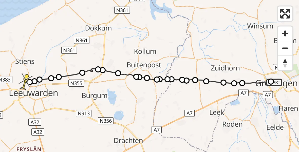 Vluchtroute Ambulancehelikopter van Universitair Medisch Centrum Groningen naar Vliegbasis Leeuwarden