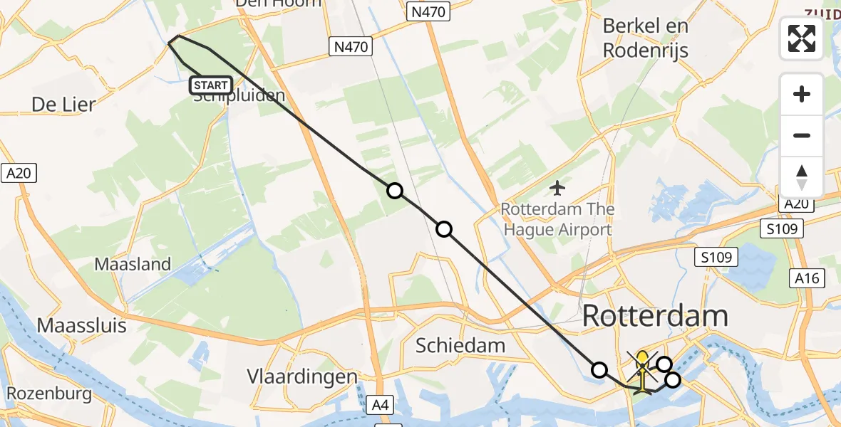 Routekaart van de vlucht: Lifeliner 2 naar Erasmus MC, Groeneveldsche of Monsterwatering
