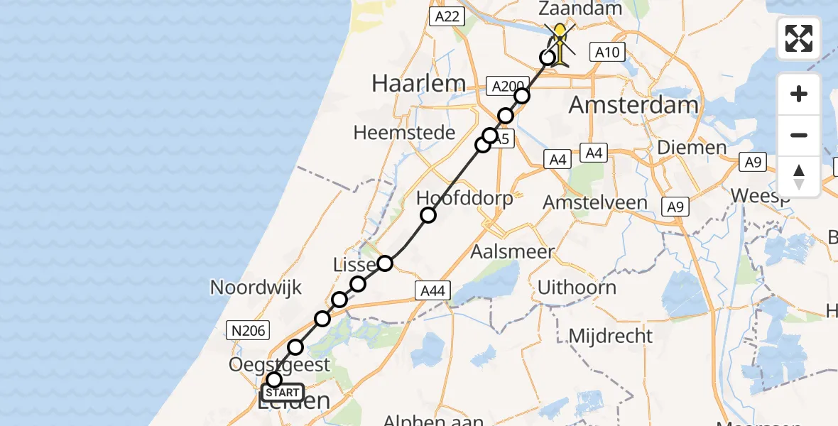 Routekaart van de vlucht: Lifeliner 1 naar Amsterdam Heliport, Landje van Bremmer