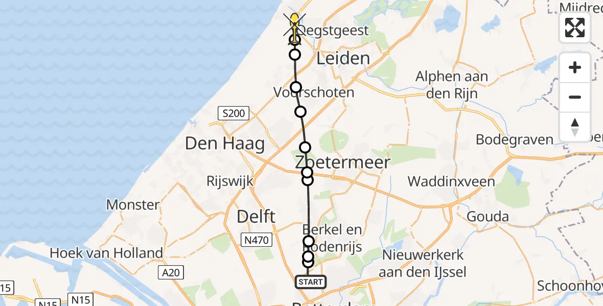 Routekaart van de vlucht: Lifeliner 2 naar Katwijk, A16 Rotterdam