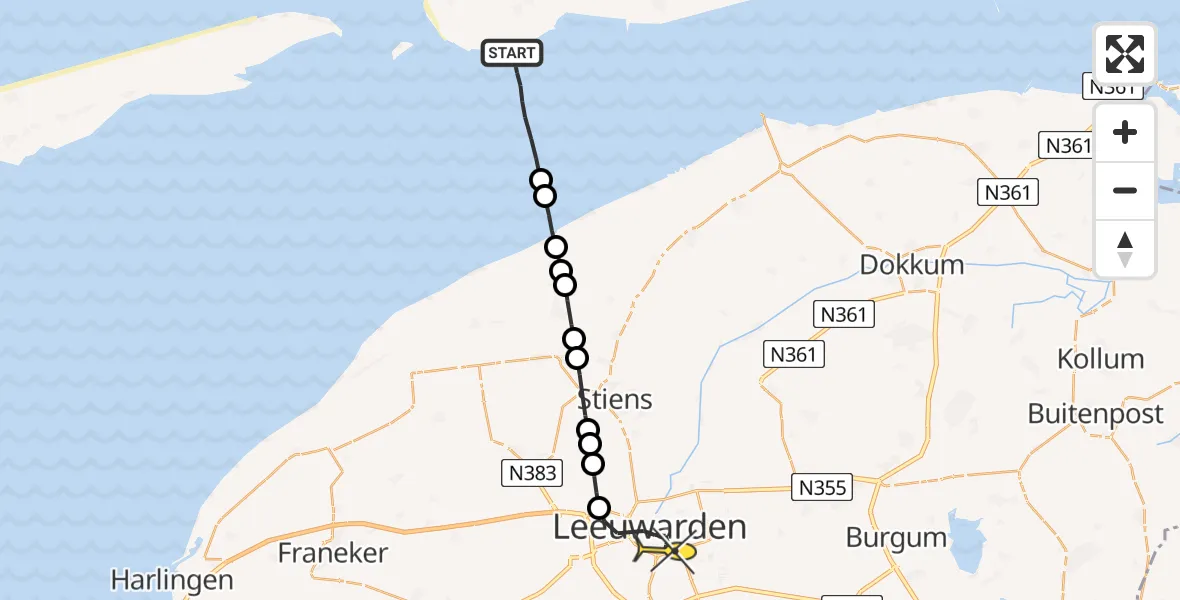 Routekaart van de vlucht: Ambulancehelikopter naar Leeuwarden, Hoek van Hessing
