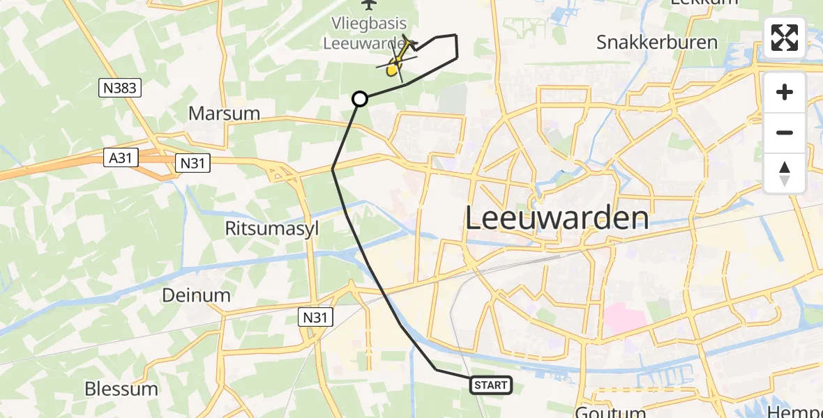 Vluchtroute Ambulancehelikopter van Leeuwarden naar Vliegbasis Leeuwarden