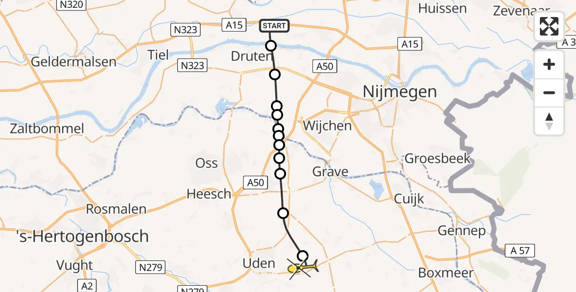 Routekaart van de vlucht: Lifeliner 3 naar Vliegbasis Volkel, De Dreef