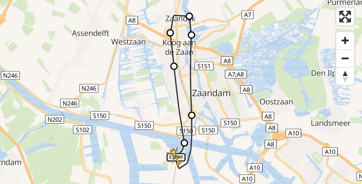 Vluchtroute Traumahelikopter van Amsterdam Heliport naar Amsterdam Heliport