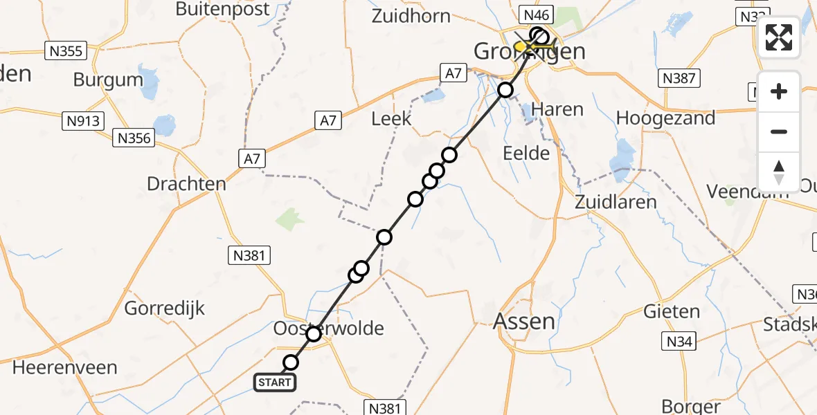 Routekaart van de vlucht: Lifeliner 4 naar Universitair Medisch Centrum Groningen, Tronde