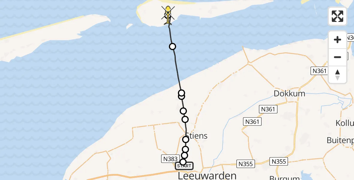 Routekaart van de vlucht: Ambulancehelikopter naar Ameland Airport Ballum, Nijlânsdyk