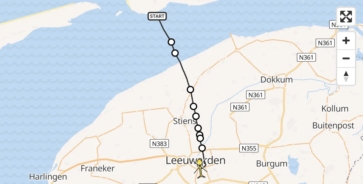 Routekaart van de vlucht: Ambulanceheli naar Leeuwarden, Aldlânsdyk