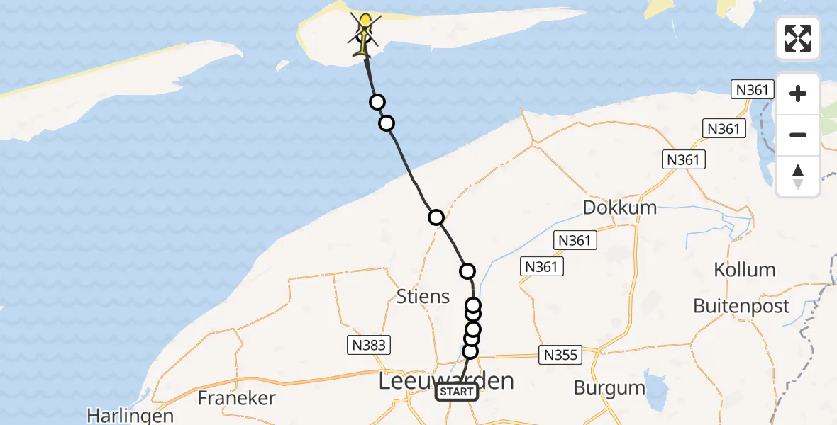 Routekaart van de vlucht: Ambulanceheli naar Ameland Airport Ballum, Robert Kochstraat