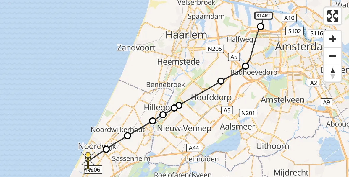 Routekaart van de vlucht: Lifeliner 1 naar Noordwijk, Hornweg