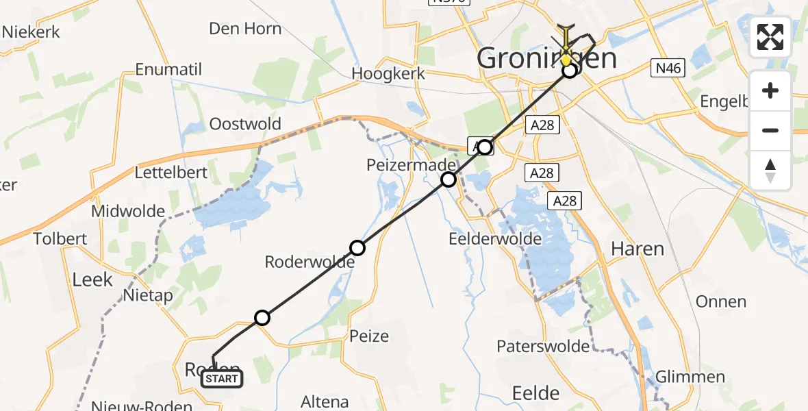 Routekaart van de vlucht: Lifeliner 4 naar Universitair Medisch Centrum Groningen, Rodervaart