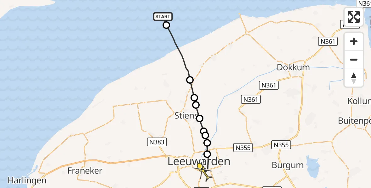 Routekaart van de vlucht: Ambulancehelikopter naar Leeuwarden, Aldlânsdyk