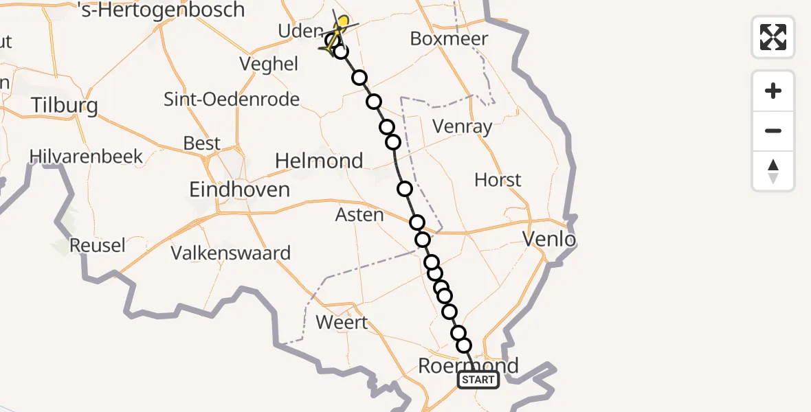 Routekaart van de vlucht: Lifeliner 3 naar Vliegbasis Volkel, Gebroek