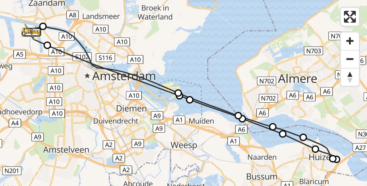 Vluchtroute Traumahelikopter van Amsterdam Heliport naar Amsterdam Heliport