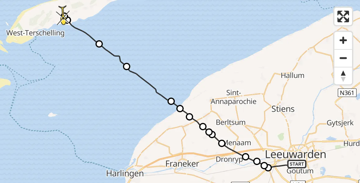 Routekaart van de vlucht: Ambulanceheli naar Midsland, Nijlânsdyk