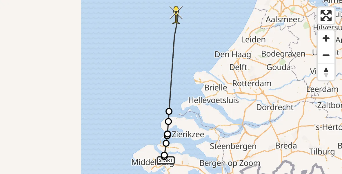 Routekaart van de vlucht: Kustwachthelikopter naar Oranjeplaatweg