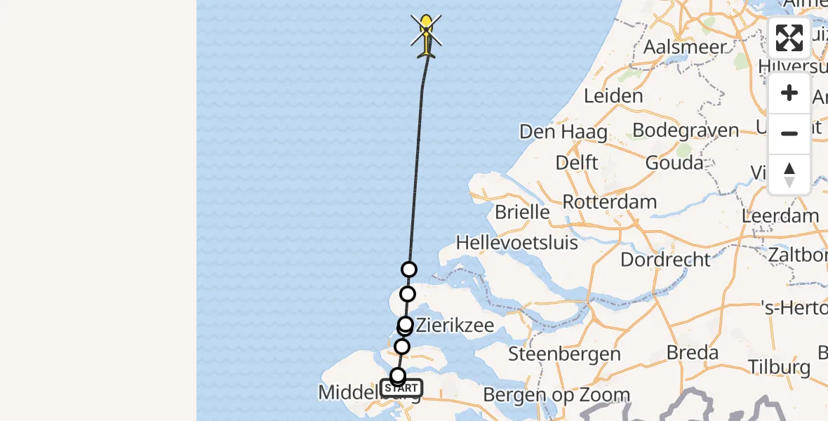 Vluchtroute Kustwachthelikopter van Vliegveld Midden-Zeeland naar 