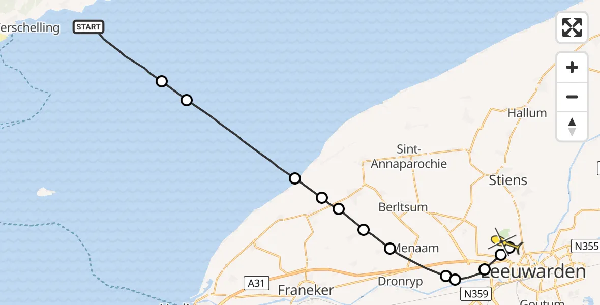 Routekaart van de vlucht: Ambulanceheli naar Vliegbasis Leeuwarden, Riepel