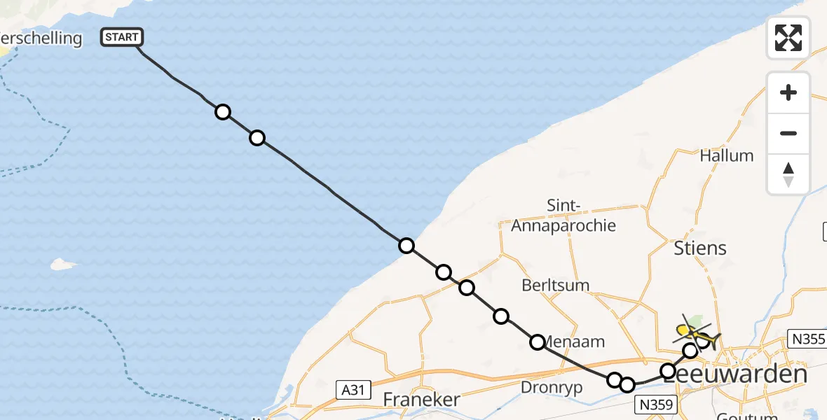 Routekaart van de vlucht: Ambulancehelikopter naar Vliegbasis Leeuwarden, Riepel