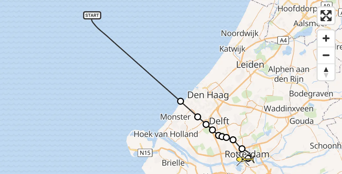 Routekaart van de vlucht: Kustwachthelikopter naar Erasmus MC, Westzeedijk