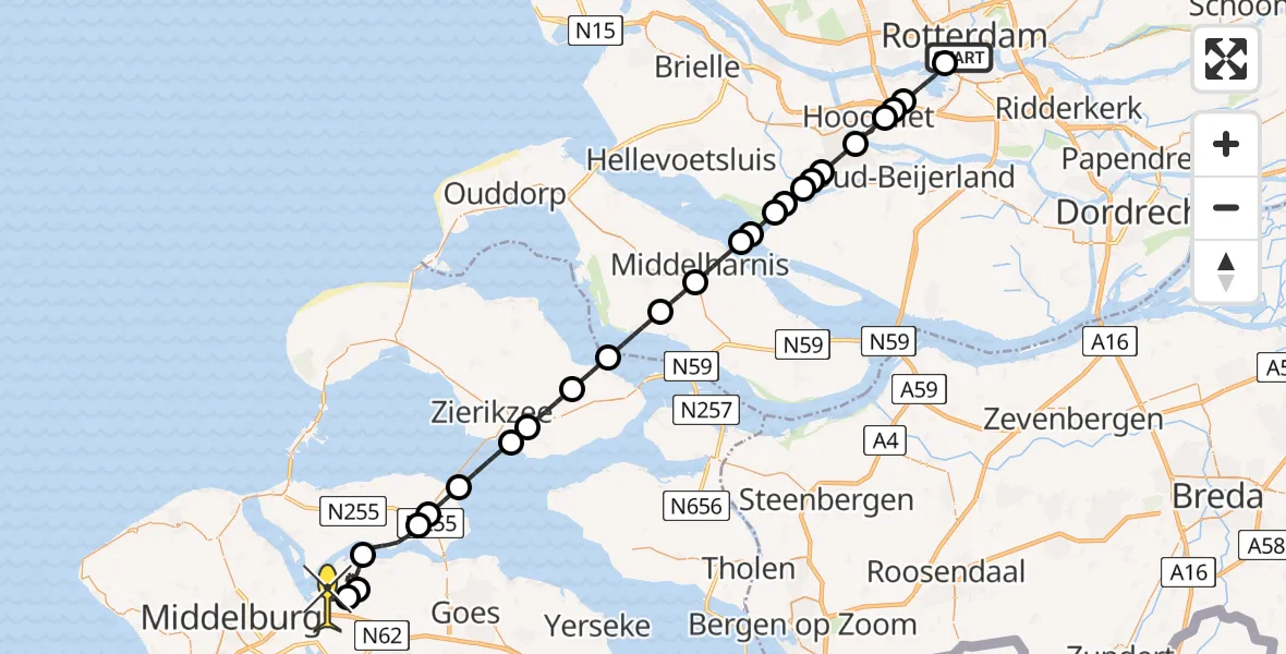 Routekaart van de vlucht: Kustwachthelikopter naar Vliegveld Midden-Zeeland, Westzeedijk