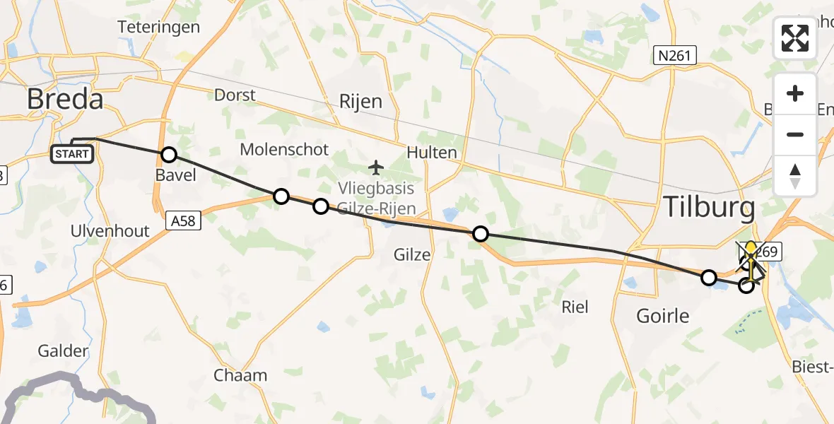 Routekaart van de vlucht: Lifeliner 2 naar Tilburg, Franklin Rooseveltlaan