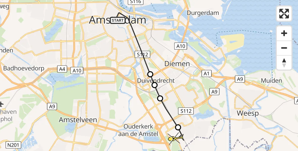 Routekaart van de vlucht: Lifeliner 2 naar Academisch Medisch Centrum (AMC), Prins Hendrikkade