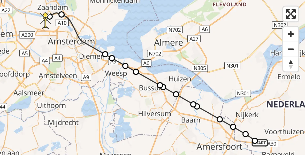 Routekaart van de vlucht: Lifeliner 1 naar Amsterdam Heliport, Hoevelakenseweg