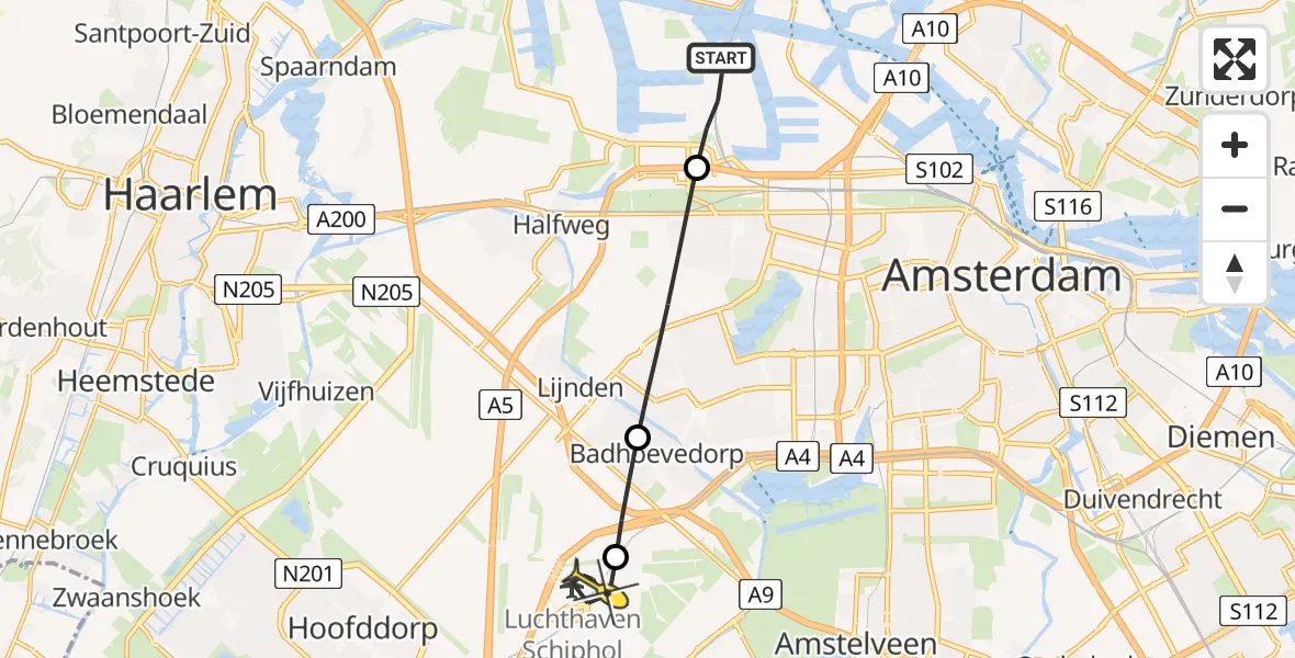 Routekaart van de vlucht: Lifeliner 1 naar Luchthaven Schiphol, Nieuw-Zeelandweg