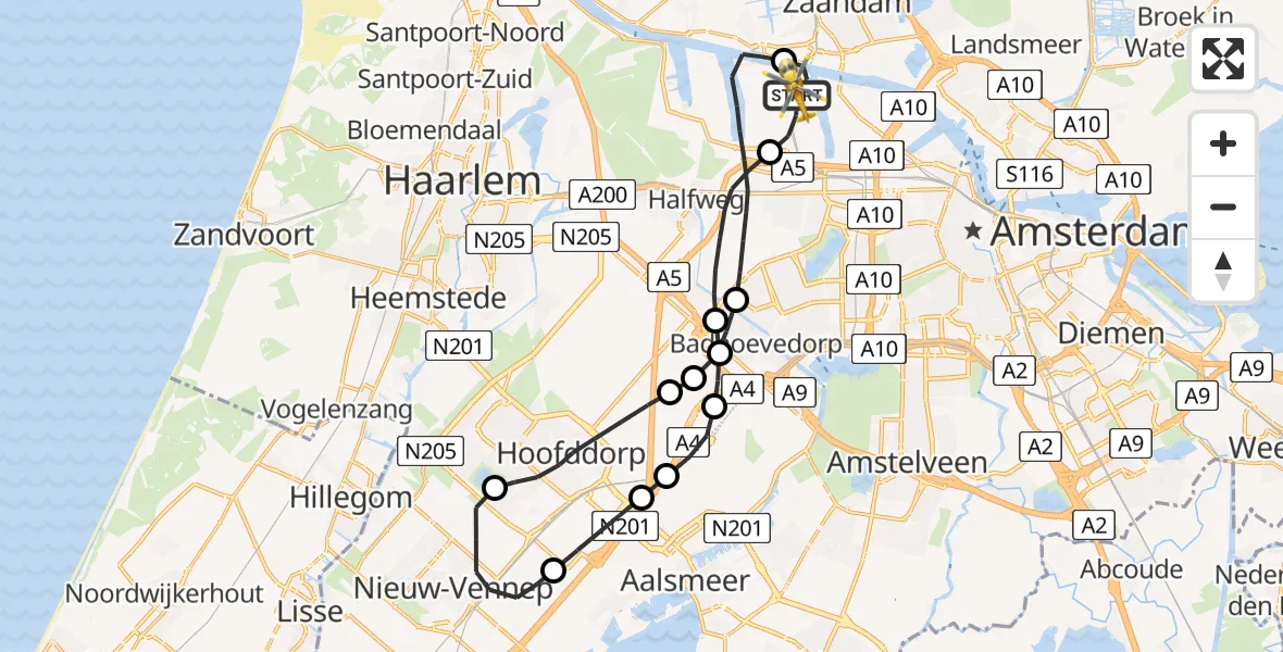 Vluchtroute Traumahelikopter van Amsterdam Heliport naar Amsterdam Heliport