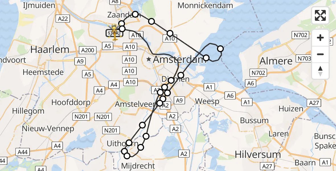 Vluchtroute Traumahelikopter van Amsterdam Heliport naar Amsterdam Heliport