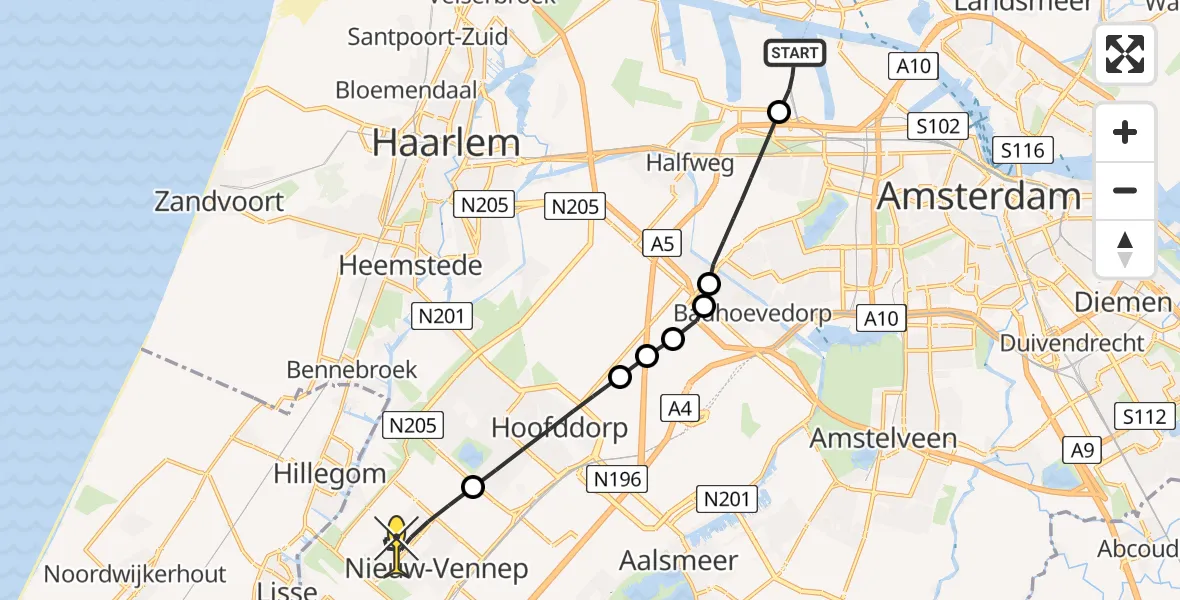 Routekaart van de vlucht: Lifeliner 1 naar Nieuw-Vennep, Nieuw-Zeelandweg