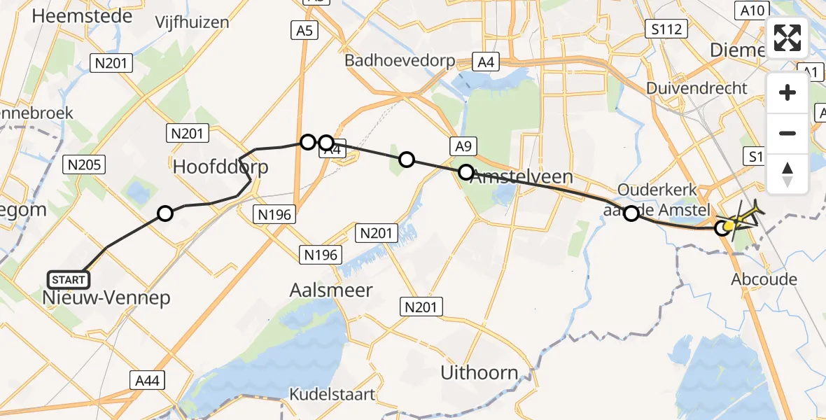 Routekaart van de vlucht: Lifeliner 1 naar Academisch Medisch Centrum (AMC), Noordelijke Randweg