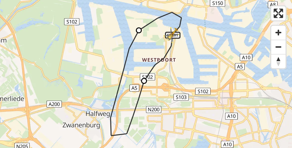 Vluchtroute Traumahelikopter van Amsterdam Heliport naar Amsterdam Heliport