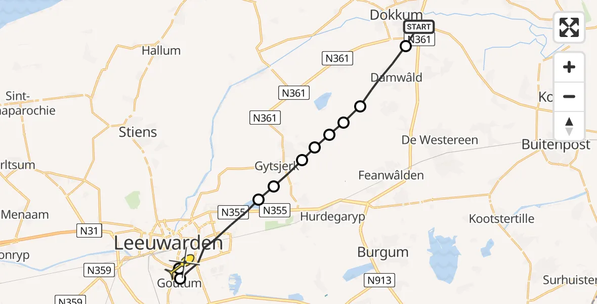 Routekaart van de vlucht: Ambulanceheli naar Leeuwarden, Koailoane