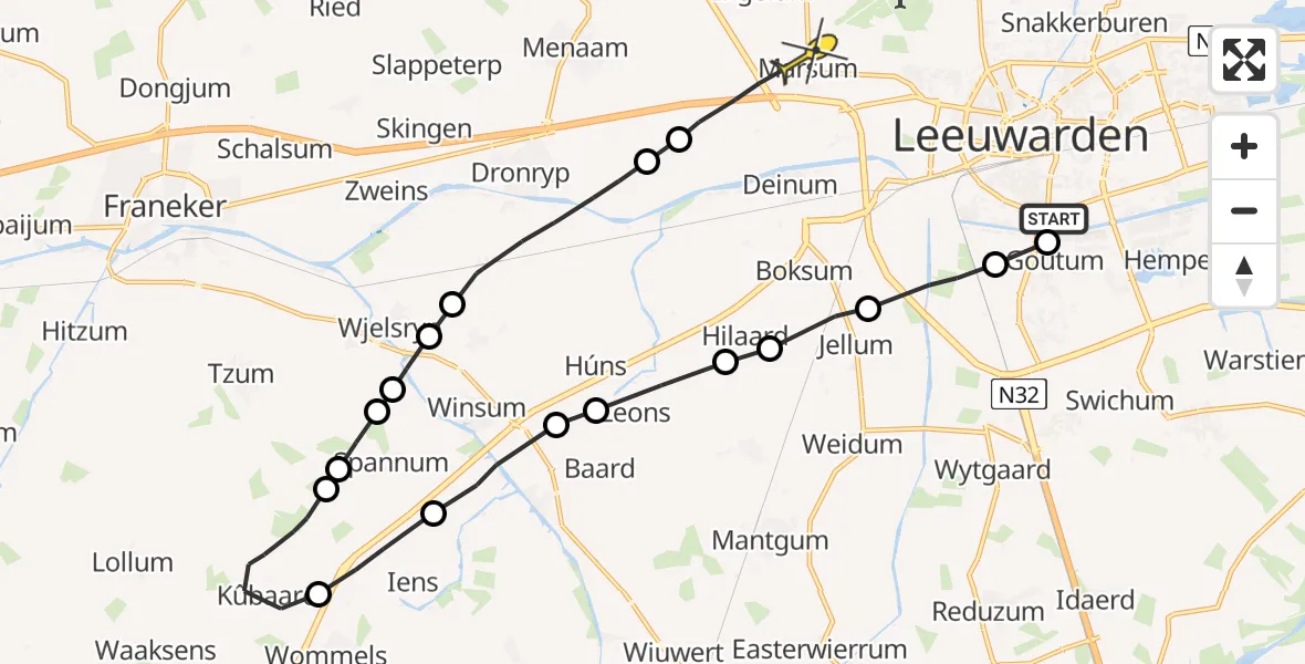 Routekaart van de vlucht: Ambulancehelikopter naar Marsum, Redbadwei