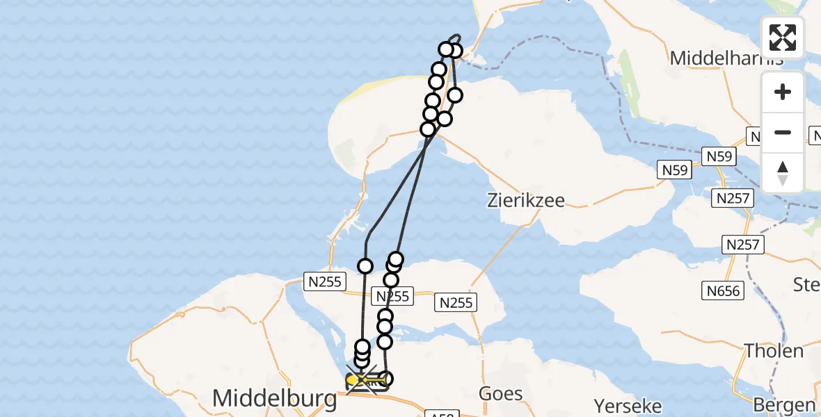 Routekaart van de vlucht: Kustwachthelikopter naar Vliegveld Midden-Zeeland, Schenge