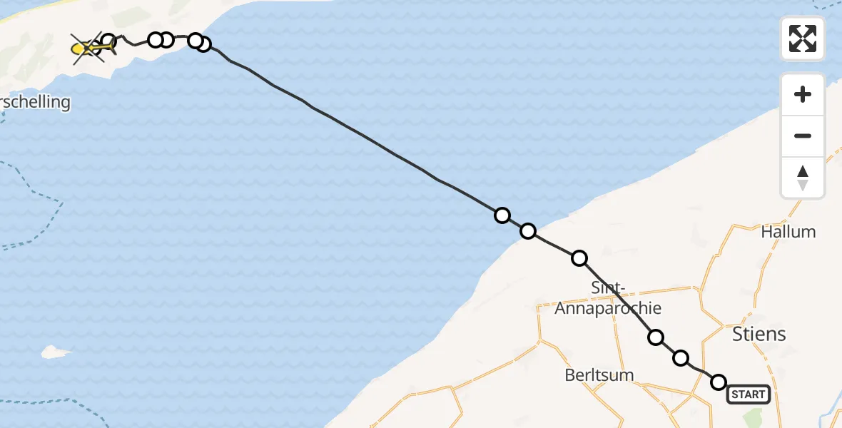 Routekaart van de vlucht: Ambulanceheli naar Midsland, Hogerhuisdyk