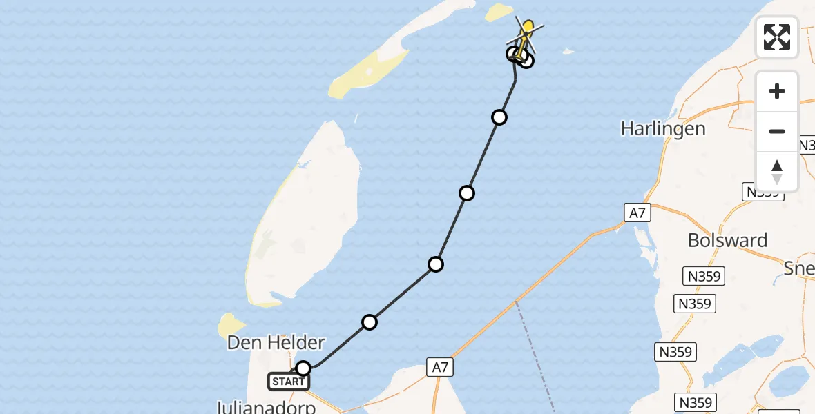 Routekaart van de vlucht: Kustwachthelikopter naar West-Terschelling, Oostoeverweg